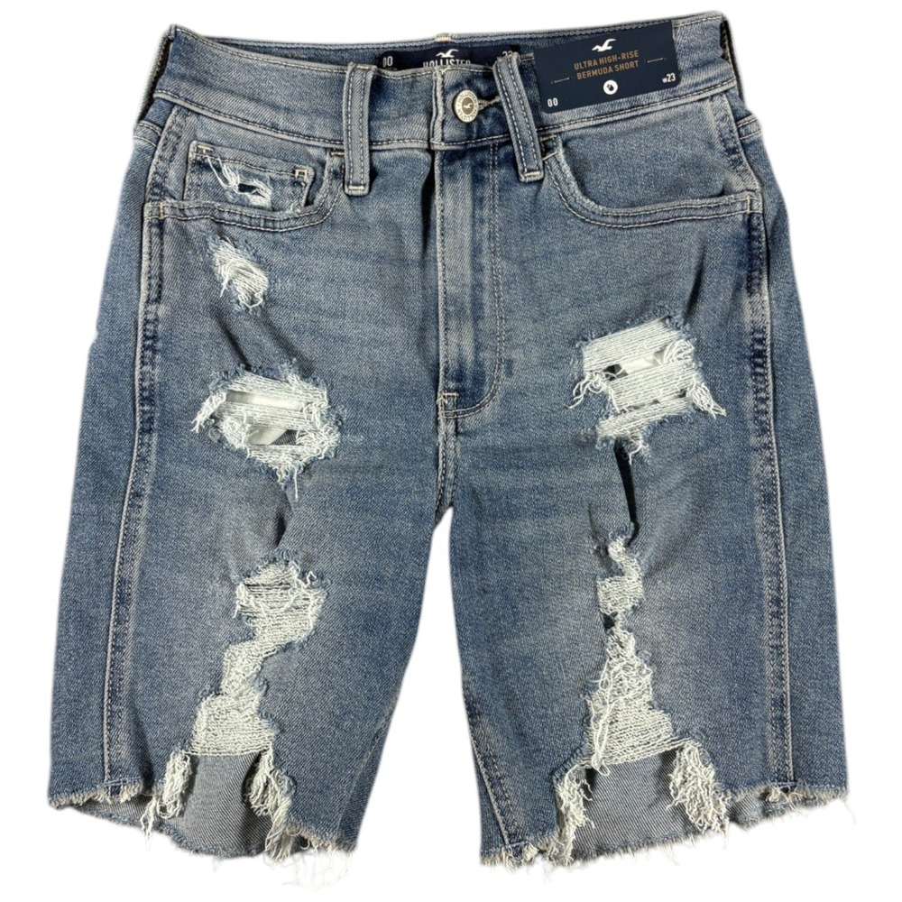 Hollister Ultra High-Rise Bermuda Shorts Women 00 Blue Denim Stretch Distressed